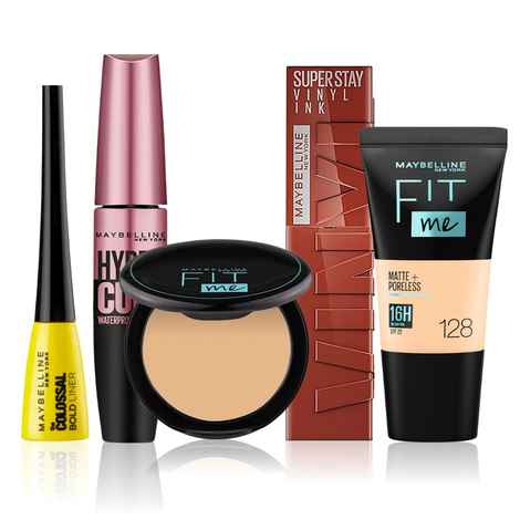 Buy Maybelline NewYork Effortless Elegance Makeup Bundle 1 |Fit Me Compact 128 (6g) | Fit Me Liquid Foundation Tube 128 (18ml) | Hypercurl Mascara Waterproof Very Black (9.2 g) | Colossal Bold Eyeliner Black(3g) |Superstay Liquid Lipstick(4.2ml)  - Purplle