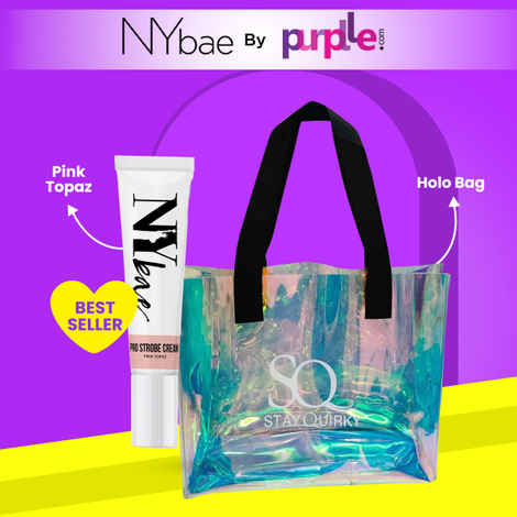 Buy NY Bae x Stay Quirky Strobe Cream & Travel Bag combo | NY Bae PRO Strobe Cream Pink Topaz (12 gm) | Stay Quirky Holo-Tastic Arm Candy Bag - Purplle