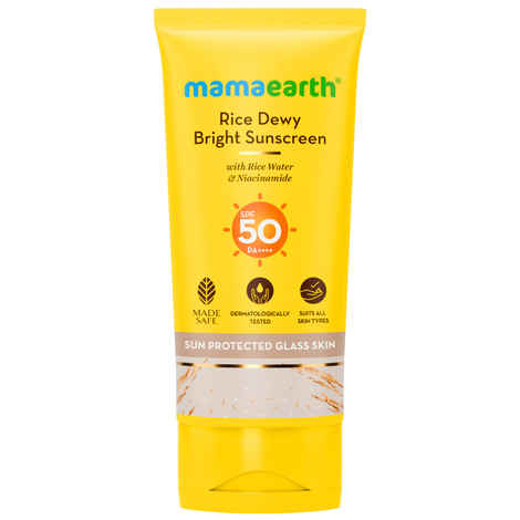 Buy Mamaearth Rice Water Dewy Sunscreen with Rice Water & Niacinamide 80 gm | Gives SPF50 & PA++++ Protection | For Glass Skin Glow | Evens Skin Tone | Tan,UVA & UVB Protection | No White Cast | All Skin Types - Purplle