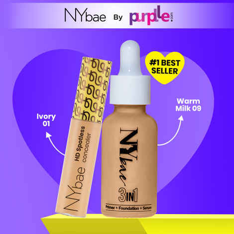 NY Bae Flawless Glow Duo (2) | 3IN1 Serum Foundation - Warm Milk 09 | HD Spotless Concealer - Light Ivory 01 | Evens Skin Tone | Full Coverage | Makeup Kit - Combo of 2