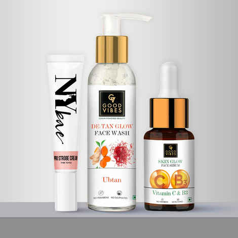 Buy Good Vibes x NY Bae Fresh Glow Combo 2 (Good Vibes Vitamin C & B3 Skin Glow Face Serum (10 ml) + Good Vibes Ubtan De Tan Glow Face Wash (120 ml) + NY Bae PRO Strobe Cream Pink Topaz (12 gm) - Purplle