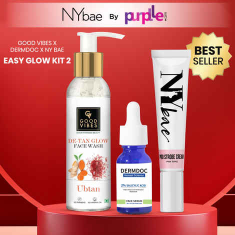 Buy Good Vibes x Dermdoc x NY Bae Easy Glow (Good Vibes Ubtan De Tan Glow Face Wash (120 ml) + NY Bae PRO Strobe Cream Pink Topaz (12 gm) + DermDoc 2% Salicylic Acid Face Serum (15 ml)) - Purplle