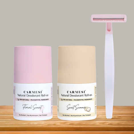 Carmesi Bikini Razor & Natural Deodorant Roll-Ons | Irritation-Free Shaving of Bikini Line | Fresh Underams All Day | 1 Bikini Razor & 2 Natural Deodorant Roll-Ons (Floral Sunset & Sweet Summer) - Combo of 3