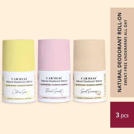 Carmesi Natural Deodorant Roll-on for Women Pack of 3 | 95% Natural + 5% Essential Ingredients | For Fresh Underarms All Day | No Aluminium | No Triclosan | 150 ml