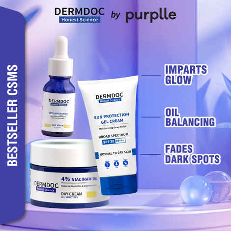 Buy DERMDOC by Purplle 1% Niacinamide & 0.5% Vitamin C Foaming Face Wash (80 ml) | 10% Niacinamide Face Serum (30 ml) | 4% Niacinamide Face Cream (50 gm) | UVA & UVB Broad Spectrum Sun Protection Gel Cream with SPF 30 & PA+++ - Purplle
