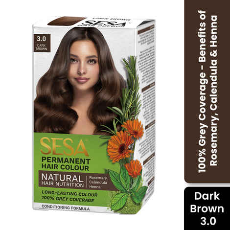 SESA Dark Brown Hair Colour For Women and Men Long Lasting Natural Shiny Smooth Hair with Rosemary, Calendula and Heena, 100% Grey Coverage - Dark Brown 118 ml