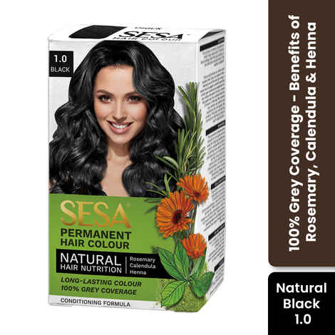 SESA Natural Black Hair Colour For Women and Men Long Lasting Natural Shiny Smooth Hair with Rosemary, Calendula and Heena, 100% Grey Coverage - (Black 1.0) 118 ml
