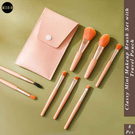 MeSkin Eight pcs Classy Mini Makeup Brush Set with Storage Pouch (Available in asorted colors) Pack of 8