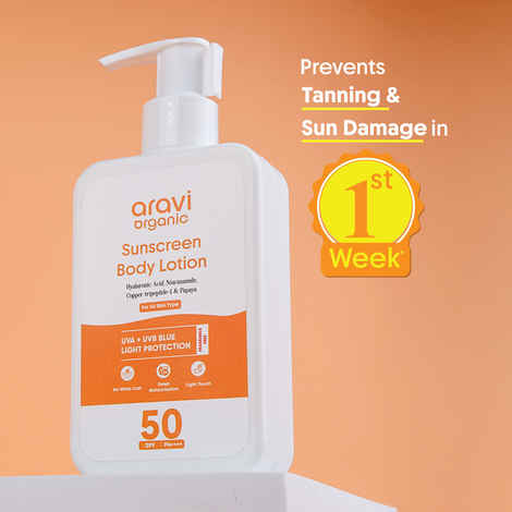 Aravi Organic Oil-Free SPF 50 Sunscreen Body Lotion | Lightweight, No White Cast | PA+++ UVA-UVB Protection | Enriched with Niacinamide & Vitamin E | Hydrating & Skin Repair | For All Skin Types – 200 ml