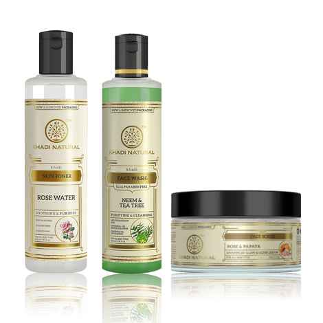 Khadi Natural Acne & Pimple Skin Care Combo (Neem & Teatree Face Wash 210 ml | Rose & Papaya Scrub 50g | Rose Water Toner 210 ml)