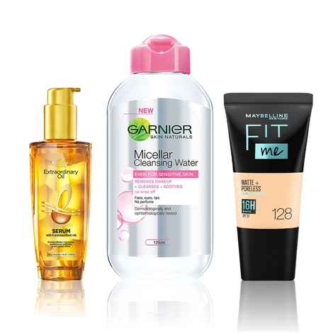 Maybelline x Garnier x L'Oreal Paris Purplle Gems (Maybelline Fit Me foundation, 128 Warm Nude (18 ml), Garnier Micellar water (125 ml), L'Oreal Paris Extraordinary Oil Serum (100 ml))
