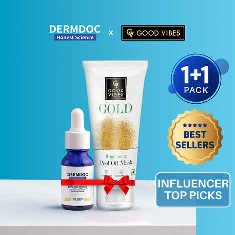 Buy DERMDOC x Good Vibes Combo Kit of Brightening Influencer Picks | 10% niacinamide face serum 15ml + Gold Brightening Peel Off Mask (50 gm) - Purplle