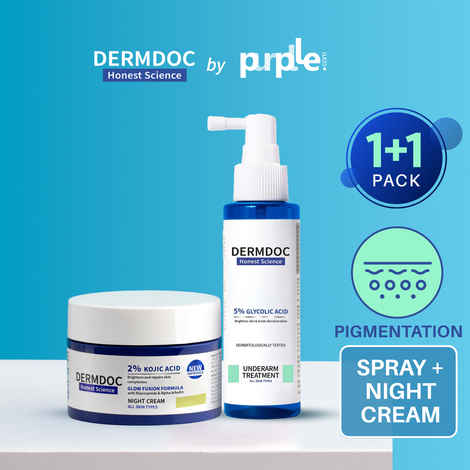 Buy DERMDOC Combo Kit Brighten Up Combo | 2% Kojic Acid Glow Fusion Formula Night Cream (50 gm) | 5% Glycolic Acid Underarm Spray (100 ml) | treatment for dark underarms, dark patches | hyperpigmentation | dark spots | skin brightening cream - Purplle