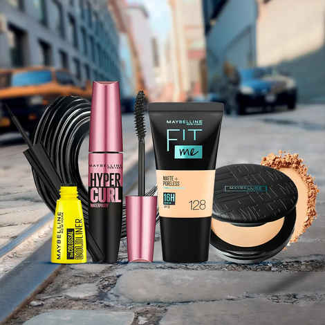 Maybelline NewYork Radiant Beauty Must-Haves 1 | Fit Me Compact 128(6 gm) | Fit Me Liquid Foundation Tube 128 (18 ml) | Hypercurl Mascara Waterproof Very Black (9.2 gm) | Colossal Bold Eyeliner, Black(3 gm)