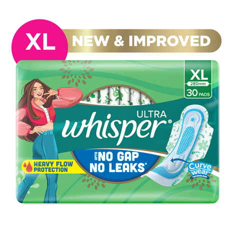 Whisper Ultra Upto No Gap No Leaks Sanitary Pads, 30 XL Pads, For Heavy Flow Protection