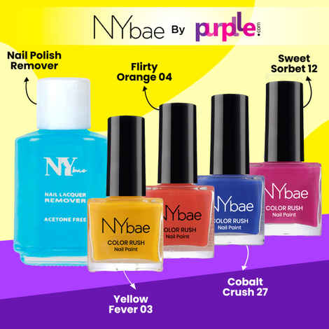Buy NY Bae Color Rush Nail Paint Set - Colour Burst 01 | Chip Resistant | Long Lasting | Quick Dry | Glossy Gel Nail Paint Combo (5 ml*4) + Nail Polish Remover (30 ml) - Purplle