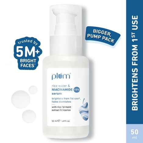 Plum 10% Niacinamide Face Serum For Clear, Bright Skin | Fades Blemishes & Acne Marks| With Rice Water | Lightweight & Quick-absorbing| Dermatologically Tested | All Skin Types | Women & Men | Fragrance-Free | 100% Vegan | 50 ml