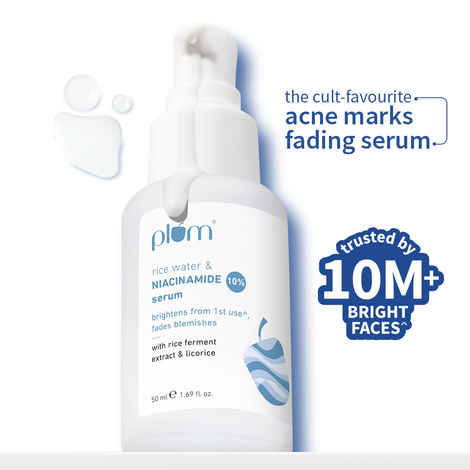 Plum 10% Niacinamide Face Serum For Clear, Bright Skin | Fades Blemishes & Acne Marks| With Rice Water | Lightweight & Quick-absorbing| Dermatologically Tested | All Skin Types | Women & Men | Fragrance-Free | 100% Vegan | 50 ml