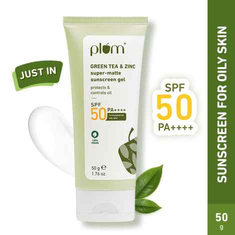 Plum Green Tea & Zinc Super-Matte Sunscreen Gel | SPF 50 PA ++++, Formulated For Oily Skin | Protects & Controls Oil | Lightweight Gel Texture | No White Cast & Non-sticky | With Hybrid Filters |Fragrance-Free | 100% Vegan | 50 gm