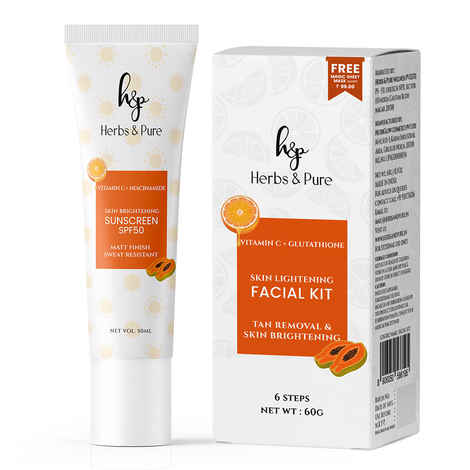 Herbs & Pure Skin Lightening Facial kit With Vitamin C & Glutathione for Glowing and Skin Brightening Vitamin C & Niacinamide Sunscreen SPF 50 With Magic Sheet Mask & Disp HeadCap 50 & 60 gm Pack of 2