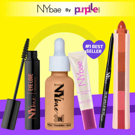 NY Bae Bestsellers Kit | Fair Skin | Strobe Cream | Glowy Serum Foundation | Lip Crayon | Black Kajal | Volume Mascara | Highligher | Everyday Glowy Makeup Combo of 5