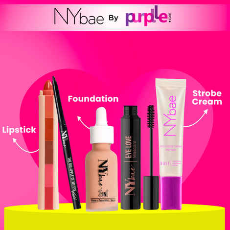 NY Bae Bestsellers Kit | Medium Skin | Strobe Cream -Pink Topaz (12 gm)| Glowy Serum Foundation (30 ml)| Lip Crayon - Nude pink and brown shades(6.5 gm) | Black Kajal(0.30 gm) | Volume Mascara (8 ml)| Highligher | Everyday Glowy Makeup