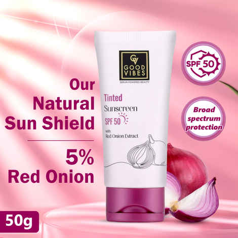 Buy Good Vibes Red Onion Tinted Sunscreen SPF 50 | PA++++ | 5% Red onion Extract | Natural Shield | Glass Skin Effect | UV A & UV B Protection | Blue Light Protection | Sun Cream | Sunblock Sunscreen (50 gm) - Purplle