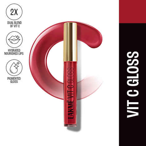 Lakme Superglow VIT-C Gloss-Cherry Red - With 98% Vitamin C and Vitamin E Glass Finish Hydrating & Plumping Formula - C3-2.5 ml