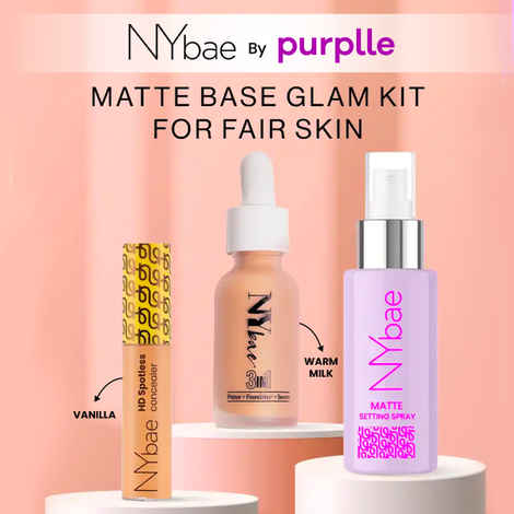 NY Bae Matte Base Glam Kit for Fair Skin (Spotless Concealer - Vanilla (11 gm) + 3 in 1 Serum Foundation - Warm Milk (30 ml) + Matte Setting Spray (60 ml)