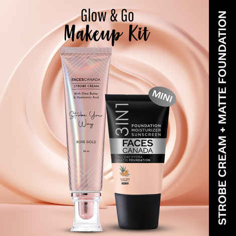 FACES CANADA Rose Glow Kit 1 | Rose Gold Strobe Cream (30 ml) + Hydra Matte Foundation (Mini) - Rose Ivory (18 ml) | Makeup Kit For Women (Combo Pack Of 2)