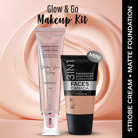 FACES CANADA Rose Glow Kit 5 | Rose Gold Strobe Cream (30 ml) + Hydra Matte Foundation (Mini) - Caramel Natural (18 ml) | Makeup Kit For Women (Combo Pack Of 2)