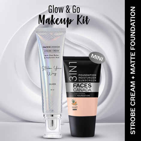 FACES CANADA Celeb Glow Kit 2 | Silver Strobe Cream (30 ml) + Hydra Matte Foundation (Mini) - Rose Ivory (18 ml) | Makeup Kit For Women (Combo Pack Of 2)