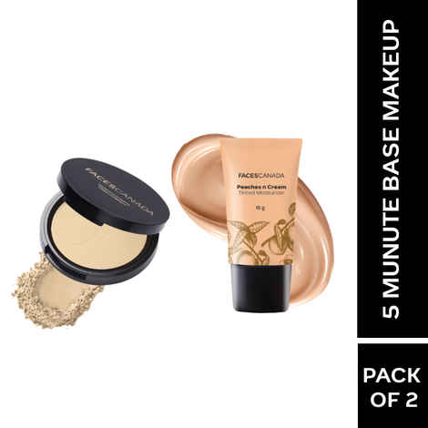 FACES CANADA 5 Minute Base Makeup Combo - Peaches N Cream Tinted Moisturizer (Mini) - Light (18 gm) + Weightless Stay Matte Finish Compact Powder - Natural 02 (9 gm)