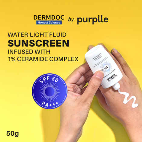 DERMDOC SPF 50 1% Ceramide Complex Water Light Fluid Sunscreen (50 gm) | PA+++ | Sunblock | Lightweight | Non-Sticky I No White Cast | Non-Comedogenic