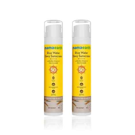 Mamaearth Rice Water Dewy Sunscreen with Rice Water & Niacinamide| Gives SPF50 & PA++++ Protection | For Glass Skin Glow | Evens Skin Tone | UVA & UVB Protection | No White Cast | All Skin Types - 50 gm - Pack of 2