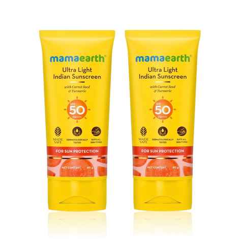 Mamaearth Ultra Light Indian Sunscreen with Carrot Seed Turmeric and SPF 50 PA+++ for Sun Protection - 80 g - Pack of 2