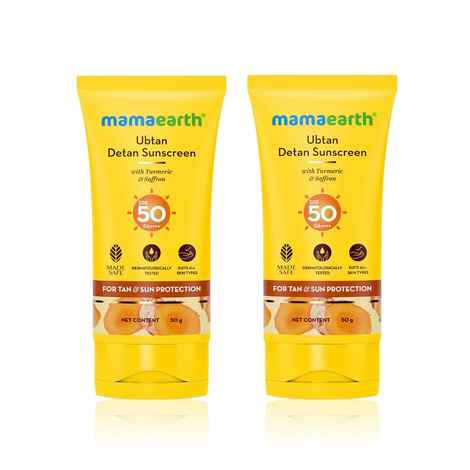Mamaearth Ubtan Detan Sunscreen With Turmeric & Saffron - 50 gm | SPF 50 & PA++++ For UVA/B Protection | Removes Tan | Brightens Skin | Non-Greasy & Lightweight | No White Cast | For All Skin Types - Pack of 2