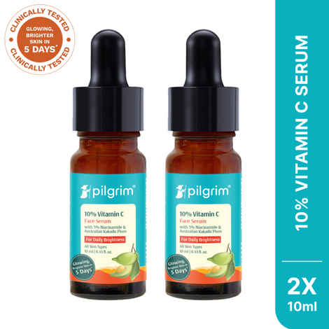 Pilgrim 10% Vitamin C Serum with Niacinamide & Kakadu Plum -Pack of 2 (10 ml Each)|Brightening Face Serum|Evens Skin Tone|Reduces Dark Spots|Glow Booster for All Skin Types