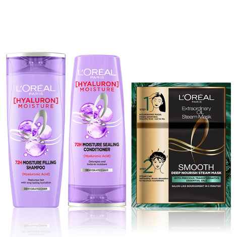 L'oreal Paris Spa Retreat Hyaluron Combo ( 72H Moisture Filling Shampoo (180 ml) + 72H Moisture Sealing Conditioner (180 ml) + Extraordinary Oil Smooth Steam Mask (Paraben Free))