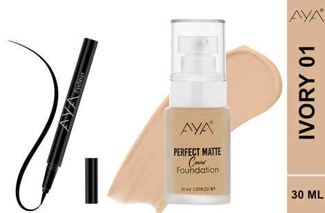 AYA Eye and Face Make up Kit Combo of 2 - Perfect Matte Cover Foundation - 01 Ivory(30 ml) + Waterproof Eyeliner Pen, Black (2 ml)