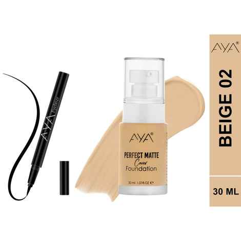 AYA Eye and Face Make up Kit Combo of 2 - Perfect Matte Cover Foundation - 02 Beige(30 ml) + Waterproof Eyeliner Pen, Black (2 ml)