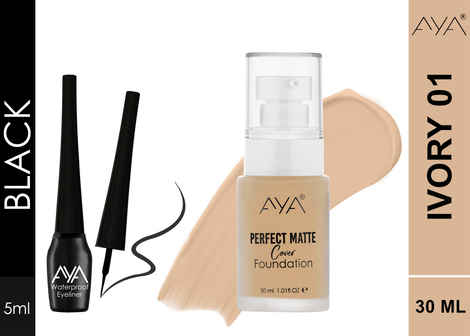 AYA Eye and Face Make up Kit Combo of 2 - Perfect Matte Cover Foundation - 01 Ivory(30 ml) + Waterproof Eyeliner, Black (5 ml)