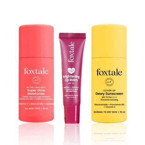 Foxtale Glazed Lips Brightening Lip Balm - Light Mauve Glaze + In The Limelight Super Glow Moisturizer + Niacinamide Dewy Sunscreen For All Skin Type Spf 70 Pa++++ (12 gm+15ml+15ml)