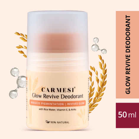 Carmesi Glow Revive Underarm Roll On Deodorant for Women | Brightens Skin, Reduces Pigmentation, Controls Odour | Rice Water, Vitamin E, & AHAs | 90% Natural | No Alcohol & Aluminium | 50 ml