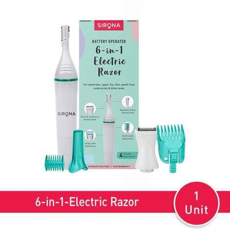 Sirona 6-in-1 Electric Razor for Women | For Eyebrows, Upper Lips, Chin, Peach Fuzz, Underarms & Bikini Area | Pain-Free Hair Removal at Home | Battery Operated Pack of 1