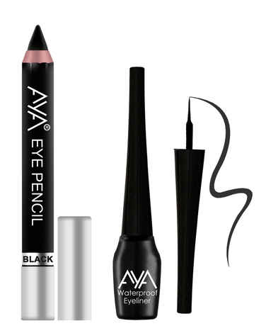 AYA Eye Make up Combo - Eye Kajal Pencil Black, 2.8 gm + Waterproof Eyeliner Black, 5 ml Combo of 2