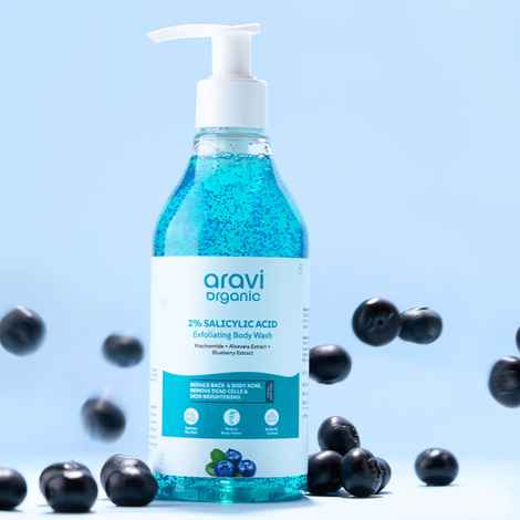 Aravi Organic 2% Salicylic Exfoliating Body Wash with Niacinamide & Blueberry | Prevents Body Acne & Removes Dead Skin Cells | Deep Cleansing & Odor Defense | SLS & Paraben Free | For All Skin Types – 300 ml