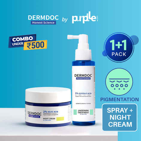 DERMDOC Brighten Up Combo Kit (Combo of 2) | 2% Kojic Acid Glow Fusion Formula Night Cream (50 gm) | 5% Glycolic Acid Underarm Brightening Spray Treatment (100 ml)