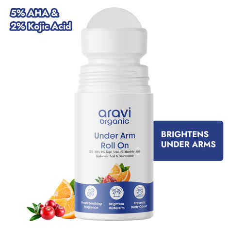 Aravi Organic Under Arm Roll On With 5% AHA, 2% Kojic Acid & 1% Mandelic Acid - Prevents Body Odour and Brightens - Long Lasting Underarm roll on with Fresh Smoothing Fragrance - All Skin Type - 50 ml