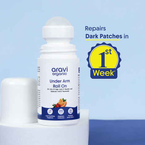 Aravi Organic Under Arm Roll-On with 5% AHA, 2% Kojic Acid & 1% Mandelic Acid | Controls Odour & Brightens Underarms | Fresh Fragrance & Skin Smoothness | For All Skin Types – 50 ml
